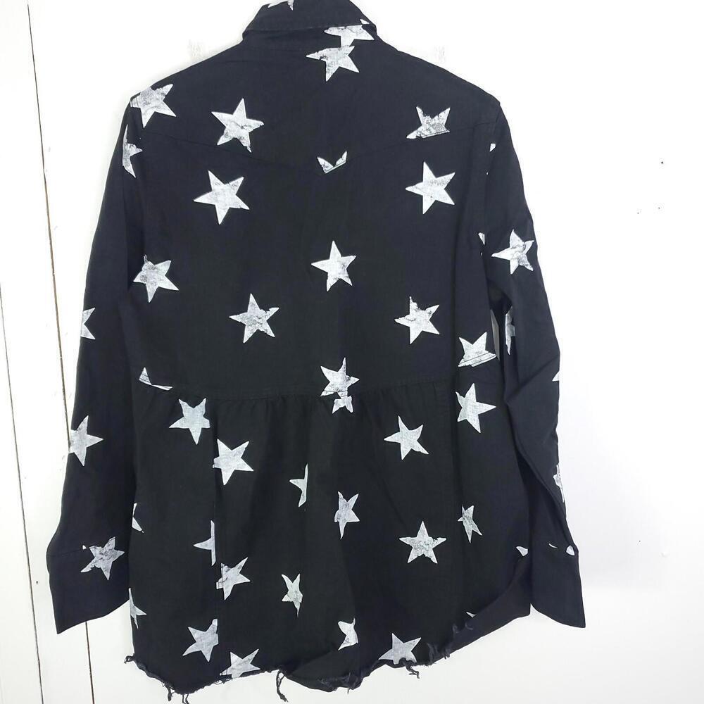 Womens Top M Shacket Button Down Peplum Star Print Raw Hem Western New Dallas - Picture 2 of 11